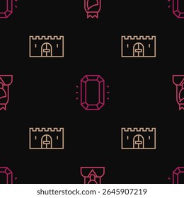 Set line Princess, Medieval castle gate and Diamond on seamless pattern. Vector