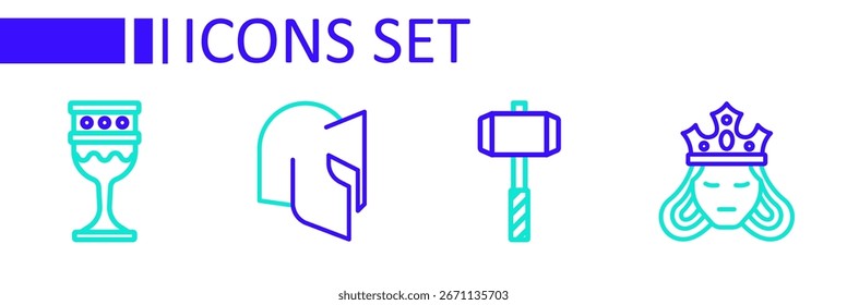 Set line Princess or queen, Battle hammer, Medieval helmet and goblet icon. Vector