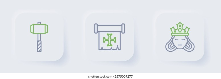 Set line Princess or queen, Crusade and Battle hammer icon. Vector