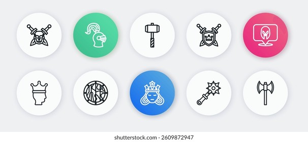 Set line Princess or queen, Medieval helmet, King crown, Mace with spikes, Shield swords, Battle hammer, poleaxe and Round wooden shield icon. Vector