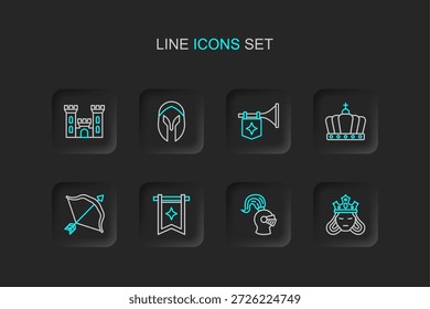 Set line Princesa o reina, casco medieval, bandera, arco y flecha, corona del rey, trompeta con, e icono de castillo. Vector