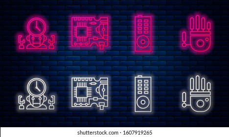 Set line Printed circuit board PCB, Remote control, Robot and digital time manager and Mechanical robot hand. Glowing neon icon on brick wall. Vector