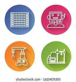 Set line Printed circuit board PCB, Robot, Assembly line and 3D printer. Color circle button. Vector