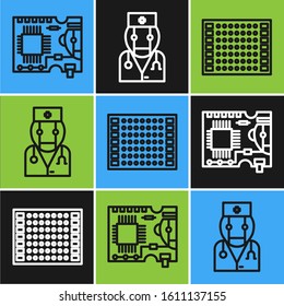 Set line Printed circuit board PCB, Printed circuit board PCB and Robot doctor icon. Vector