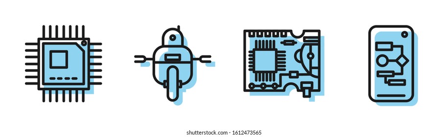 Set line Printed circuit board PCB, Processor with microcircuits CPU, Robot and Algorithm icon. Vector