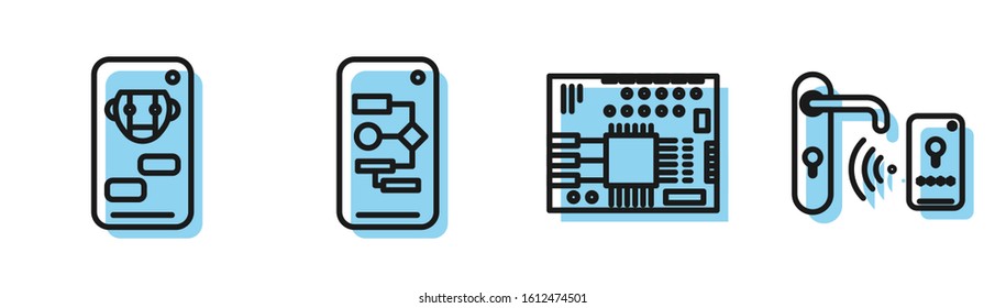 Set line Printed circuit board PCB, Bot, Algorithm and Digital door lock with wireless technology for unlock icon. Vector