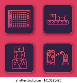 Set line Printed circuit board PCB, Robot doctor, Conveyor belt with cardboard box and Industrial machine robotic robot arm hand. Blue square button. Vector