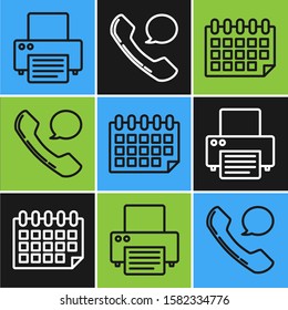 Set line Printer, Calendar and Telephone handset and speech bubble chat icon. Vector