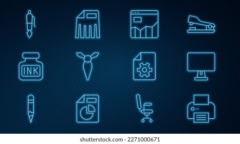 Set line Printer, Computer monitor, Graph chart infographic, Tie, Inkwell, Fountain pen nib, Document settings and Paper shredder icon. Vector