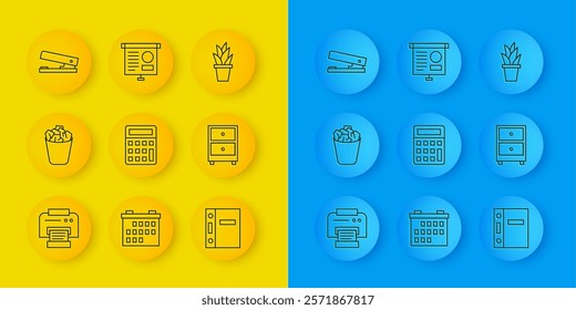 Set line Printer, Full trash can, Calculator, Office folders, Drawer with documents, stapler, Plant pot and Chalkboard diagram icon. Vector