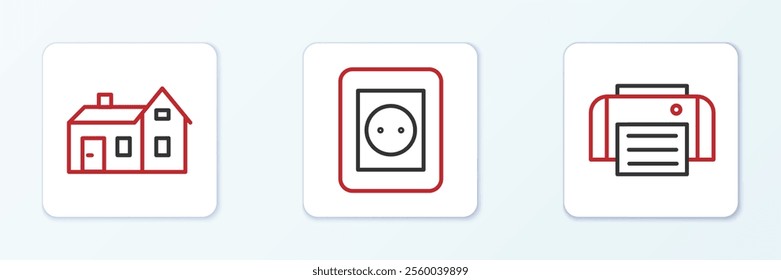 Set line Printer, House and Electrical outlet icon. Vector