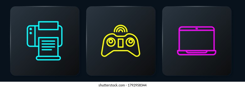 Set line Printer, Laptop and Wireless gamepad. Black square button. Vector