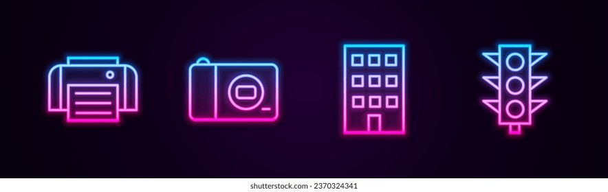 Set line Printer, Photo camera, House and Traffic light. Glowing neon icon. Vector