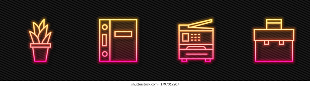 Legen Sie den Drucker, den Anlagentopf, die Office-Ordner und den Briefkasten fest. Leuchtendes Neonsymbol. Vektorgrafik