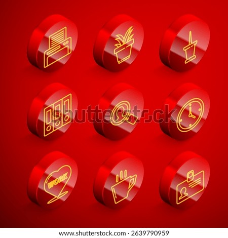 Set line Printer, Plant pot, Push pin, Office folders, Magnifying glass for search people, Clock, Heart with text work and Coffee cup icon. Vector