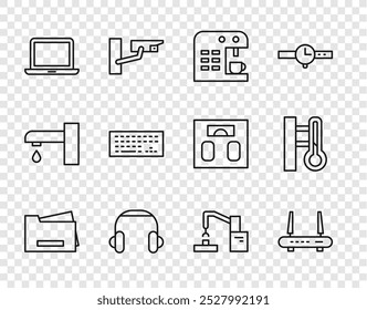 Set-Linie Drucker, Router und Wi-Fi-Signal, Kaffeemaschine, Kopfhörer, Laptop, Tastatur, Roboter Roboter Arm Hand Fabrik und Meteorologie Thermometer Symbol. Vektorgrafik