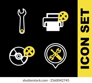 Set line Printer service, Location, CD or DVD disk and Wrench icon. Vector