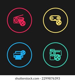 Set line Printer service, Video camera, Gamepad and Radio icon. Vector