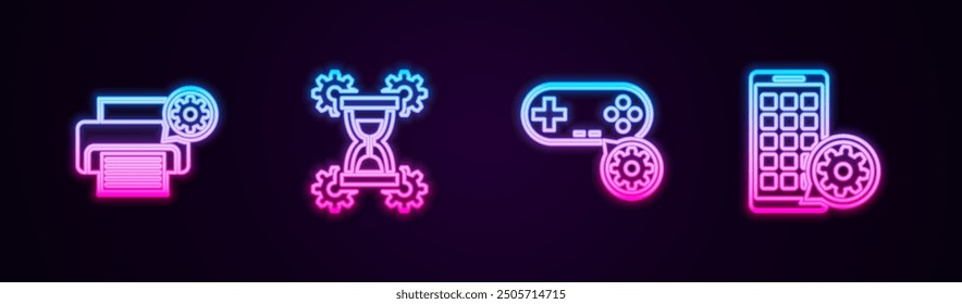 Ajuste de la impresora de línea, reloj de arena, gamepad y App móviles. Icono de neón brillante. Vector