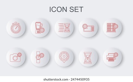 Set line Printer setting, Photo camera, Old hourglass with sand, Time management, Blender bowl, Wrist watch and Setting icon. Vector