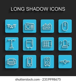 Set line Printer, Smartphone, Drone flying, Stereo speaker, Wrist watch, Refrigerator, Flasher siren and Graphic tablet icon. Vector