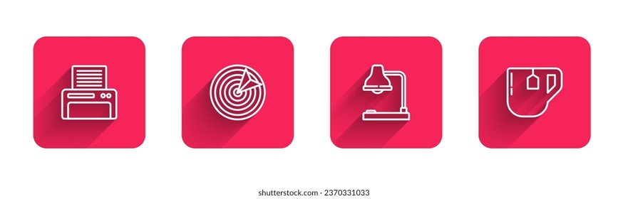 Set line Printer, Target sport, Table lamp and Cup of tea with tea bag with long shadow. Red square button. Vector