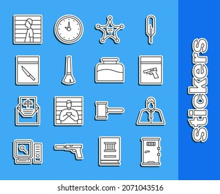 Fijar la puerta de la celda de la prisión, abogado, abogado, jurista, bolsa de evidencia y pistola de pistola, sheriff de Hexagram, pincel de pintura, cuchillo, criminal sospechoso e ícono de Inkwell. Vector