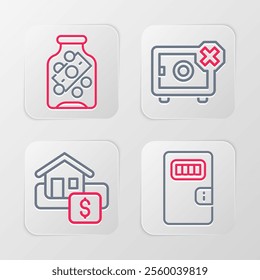 Set line Prison cell door, Hanging sign with Sale, Safe and Glass money jar coin icon. Vector
