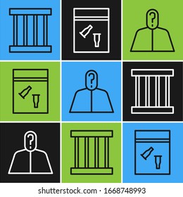 Ventana de línea Prisión, Anónimo con signo de interrogación y bolsa de evidencia e icono de bala. Vector