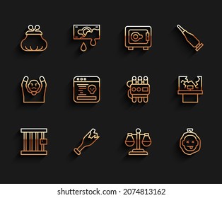 Set Line Prison Window, Broken Bottle As Weapon, Wallet, Scales Of Justice, Murder, System Bug,  And Dynamite And Timer Clock Icon. Vector