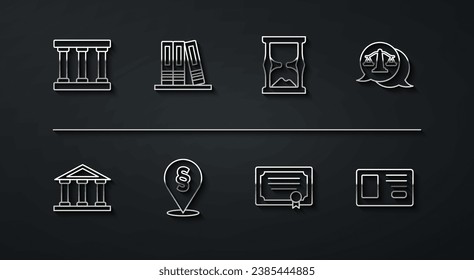 Fijar la línea de la ventana de la prisión, edificio de la corte, Escalas de justicia, plantilla de certificado, ley de ubicación, carpetas de la oficina, insignia de identificación e icono de vidrio de hormigón antiguo. Vector