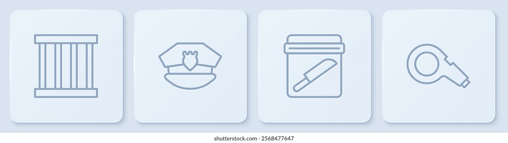 Set line Prison window, Evidence bag with knife, Police cap cockade and Whistle. White square button. Vector