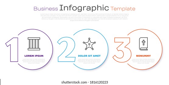Set line Prison window, Hexagram sheriff and Holy bible book. Business infographic template. Vector