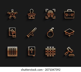 Set line Prison window, Holy bible book, Hexagram sheriff, Judge gavel, Police rubber baton, Graduation cap and Bomb ready explode icon. Vector