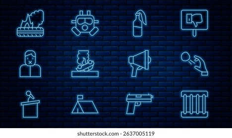 Set line Prison window, Hooligan shooting stones, Cocktail molotov, Burning car, Censor and freedom of speech, Lying burning tires, Megaphone and Gas mask icon. Vector