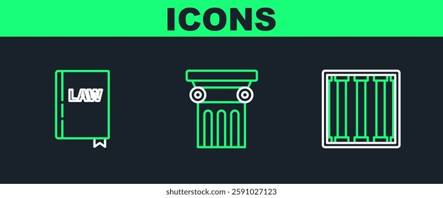 Set line Prison window, Law book and pillar icon. Vector