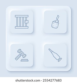 Set line Prison window, Lighter, Judge gavel and Bullet. White square button. Vector
