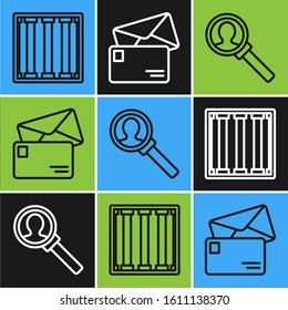 Set line Prison window, Magnifying glass for search and Envelope icon. Vector