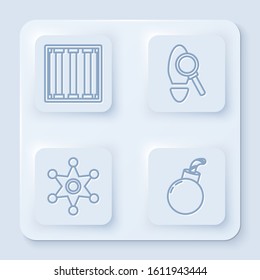 Set line Prison window, Magnifying glass with footsteps, Hexagram sheriff and Bomb ready to explode. White square button. Vector