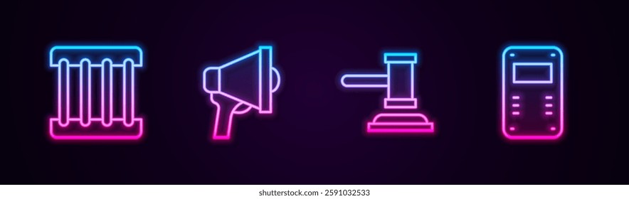 Set line Prison window, Megaphone, Judge gavel and Police assault shield. Glowing neon icon. Vector