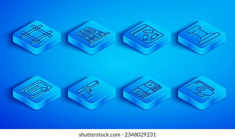 Set line Prison window, Office folders, Evidence bag and bullet, Pistol or gun, Bribe money cash, Stamp, Certificate template and Oath the Holy Bible icon. Vector