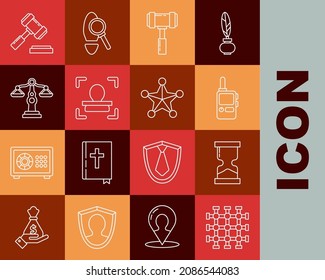 Set line Prison window, Old hourglass, Walkie talkie, Judge gavel, Face recognition, Scales of justice,  and Hexagram sheriff icon. Vector