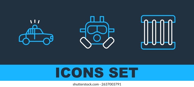 Set line Prison window, Police car and flasher and Gas mask icon. Vector