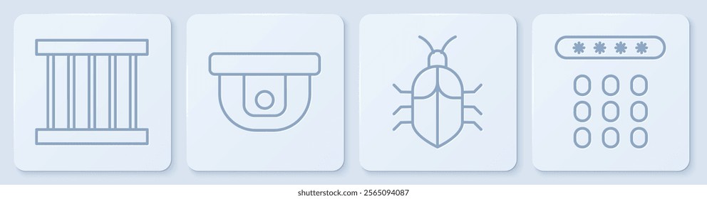 Set line Prison window, System bug concept, Motion sensor and Password protection. White square button. Vector