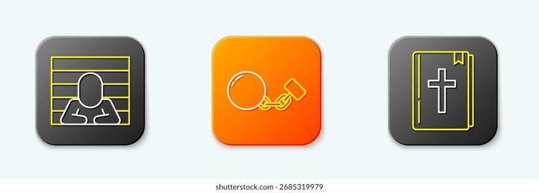 Set line Prisoner, Ball chain and Holy bible book icon. Vector