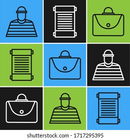 Fijar línea Preso, Maletín y Decreto, papel, pergamino, icono de desplazamiento. Vector