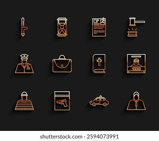 Set line Prisoner, Evidence bag and pistol or gun, Police rubber baton, car flasher, Lawyer, attorney, jurist, Briefcase, Wanted poster and Holy bible book icon. Vector