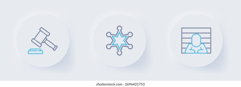 Definir linha Prisioneiro, Xerife de Hexagrama e Juiz ícone de martelo. Vetor