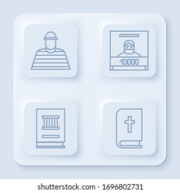 Set line Gefangener, Wunschposter, Rechtsbuch und Heiliges Bibelbuch. Weißer Quadrat-Knopf. Vektorillustration