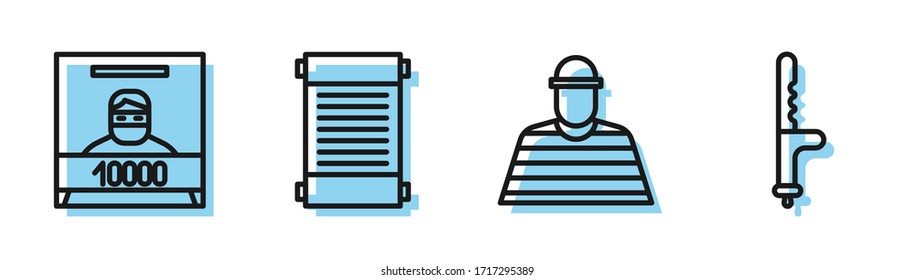 Set line Gefangener, Wanted Poster, Dekret, Papier, Pergament, Scroll und Polizei Gummi Schlagsymbol. Vektorillustration